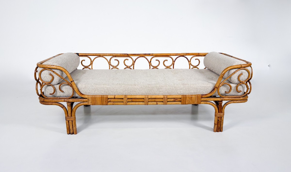 Mid-century Modern Bamboo Daybed, New Upholstery - Italy 1950s