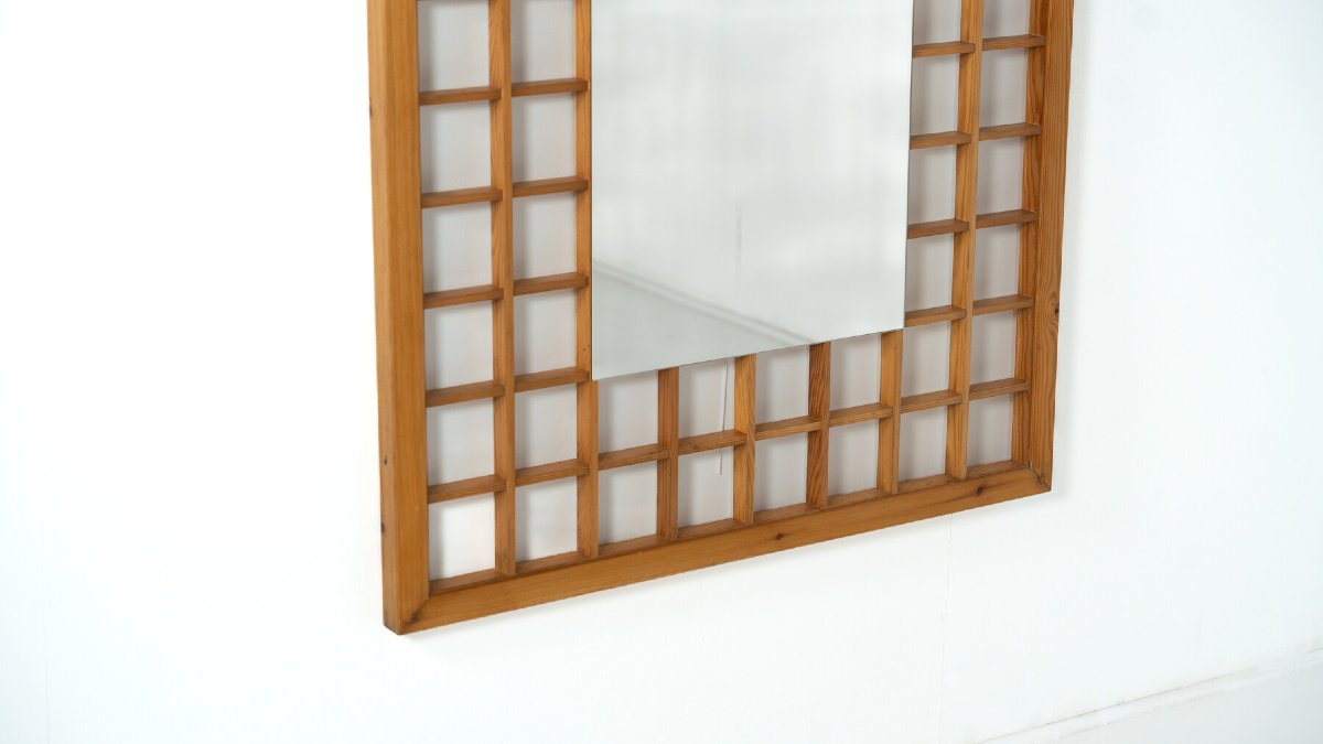 Grand miroir avec quadrillage en bois , Italie, 1960s-photo-2