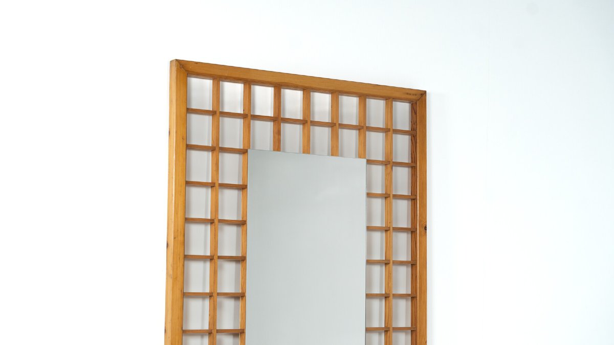 Grand miroir avec quadrillage en bois , Italie, 1960s-photo-4