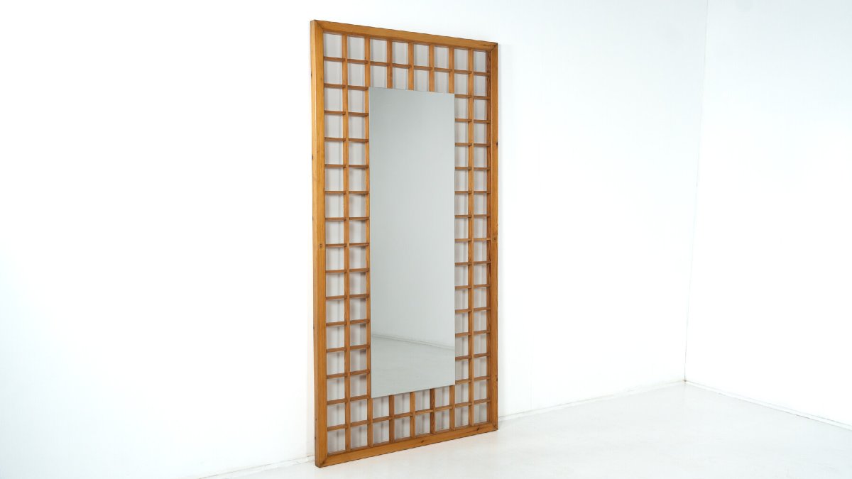 Grand miroir avec quadrillage en bois , Italie, 1960s-photo-1