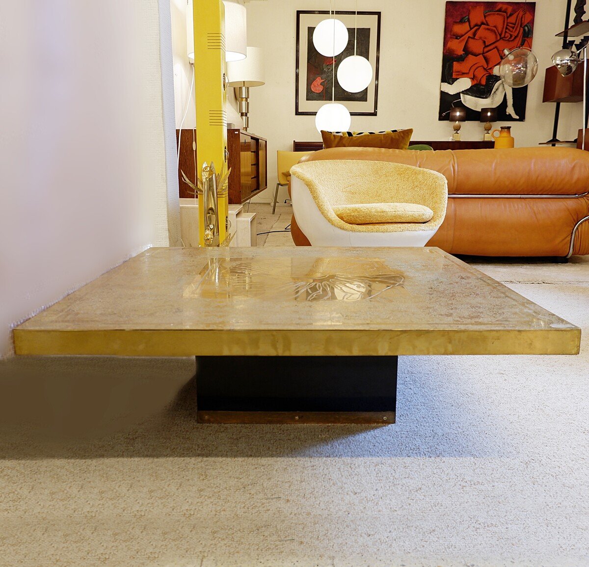 Square Coffee Table In Etched Brass By Georges Mathias - Belgium - 1970s-photo-3