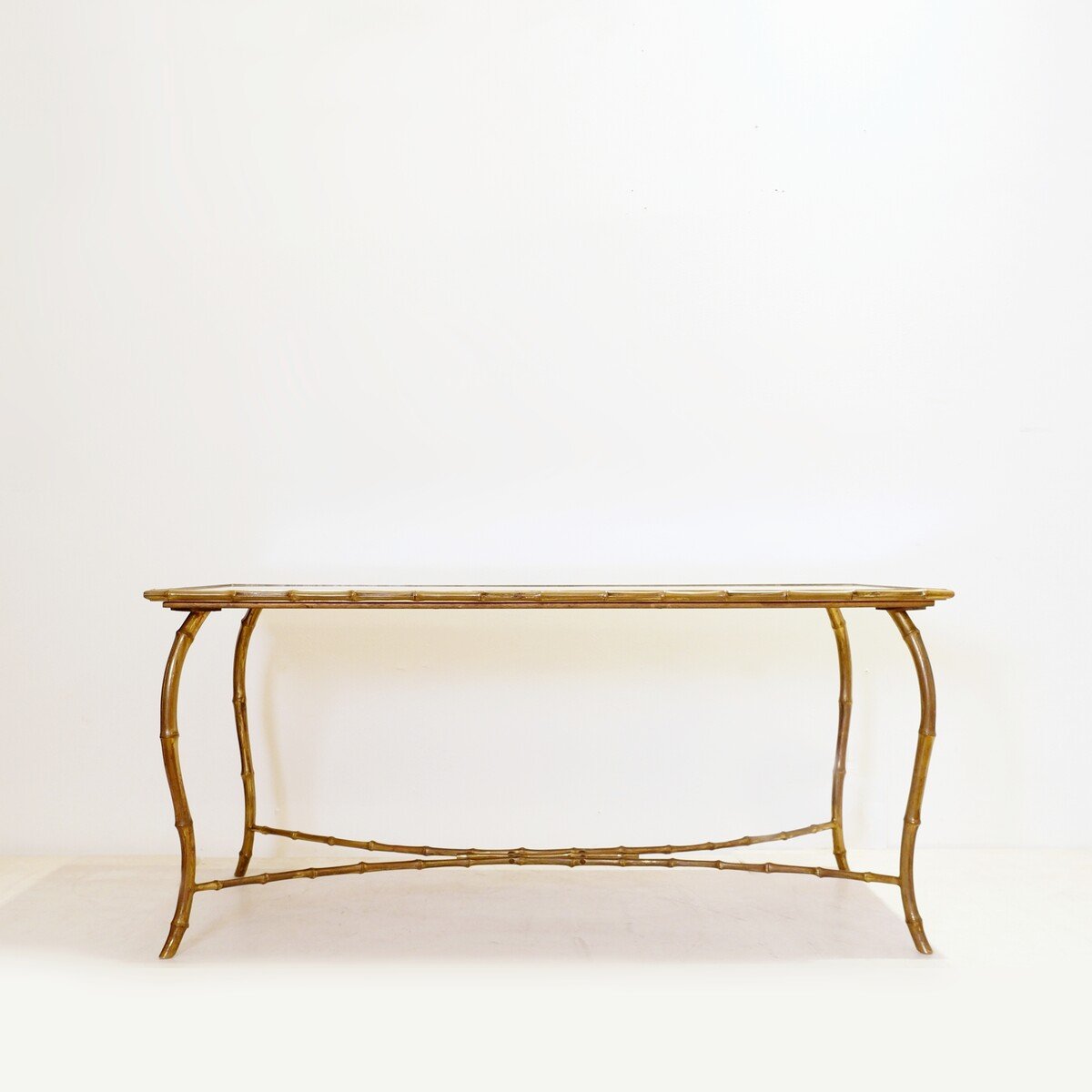 Golden Faux Bamboo Coffee Table With Eglomized Glass Top-photo-2
