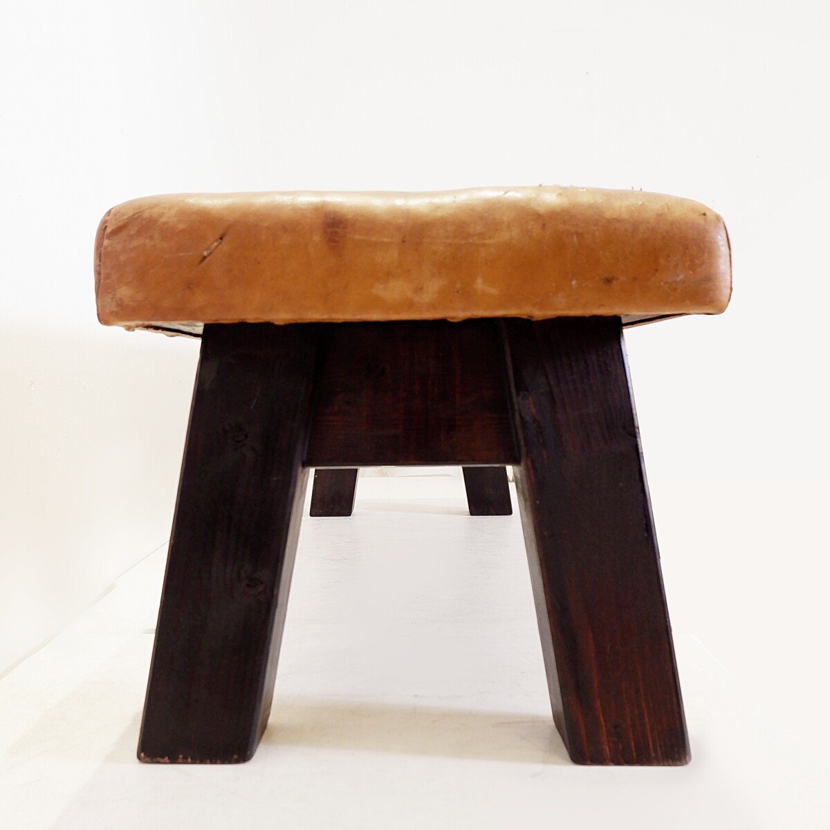 Vintage Wood And Leather Bench-photo-4