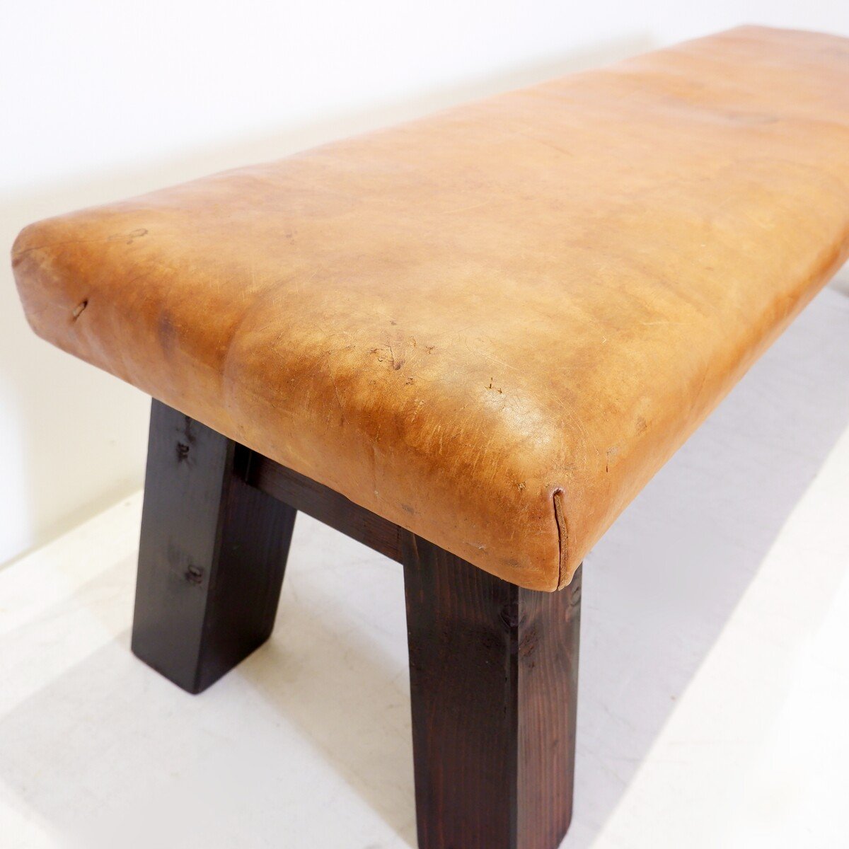 Vintage Wood And Leather Bench-photo-5