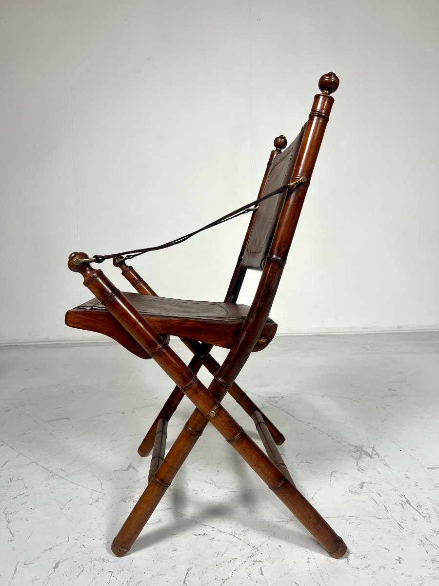 Safari Folding Armchair In Leather And Wood-photo-3