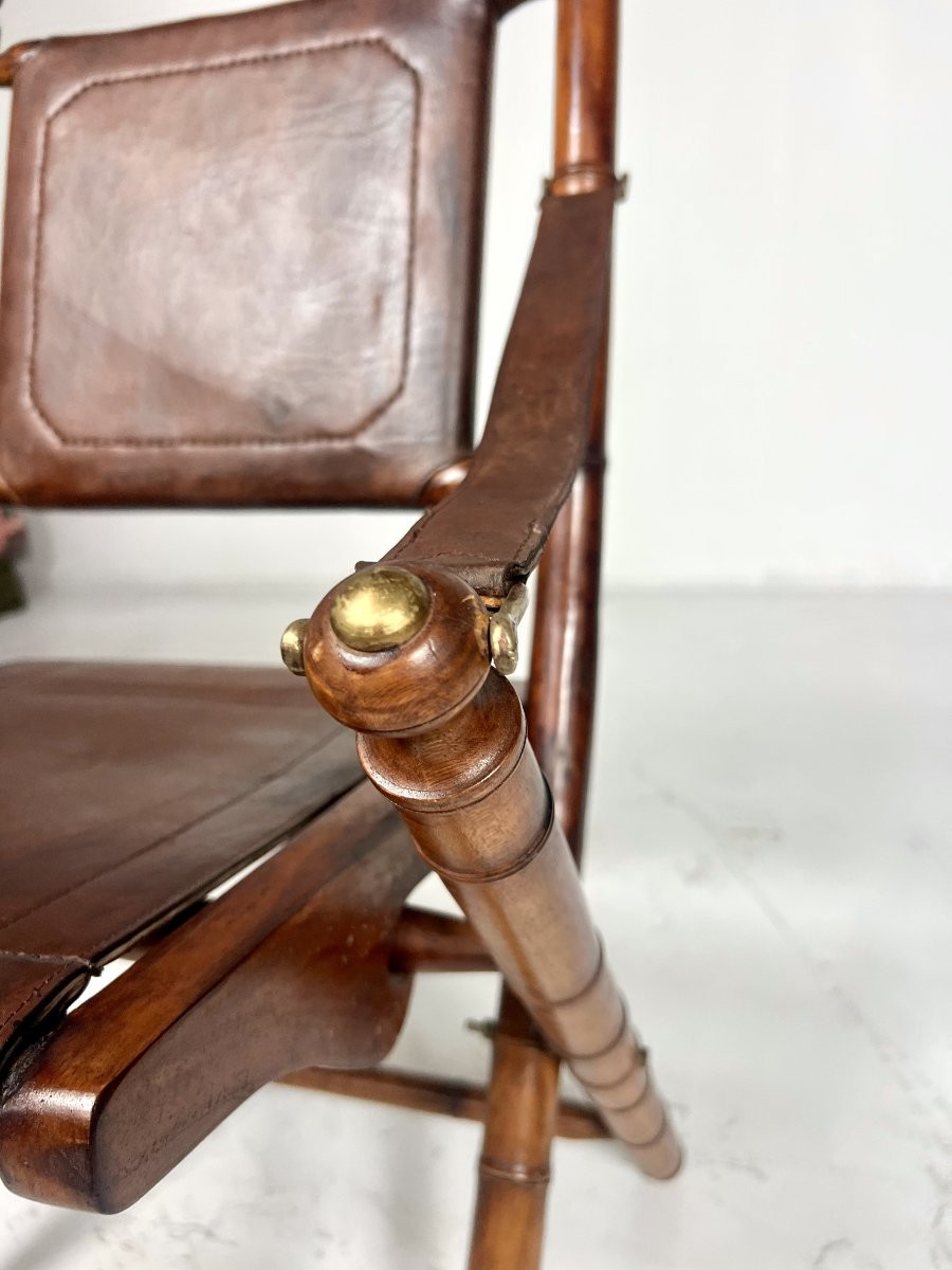 Safari Folding Armchair In Leather And Wood-photo-4
