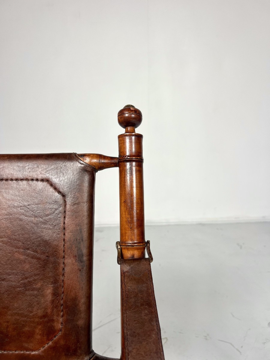 Safari Folding Armchair In Leather And Wood-photo-1
