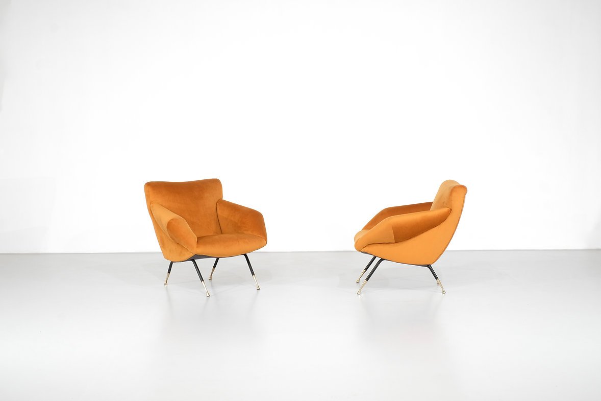 Paire de fauteuils italiens mid century en velours orange, 1960s