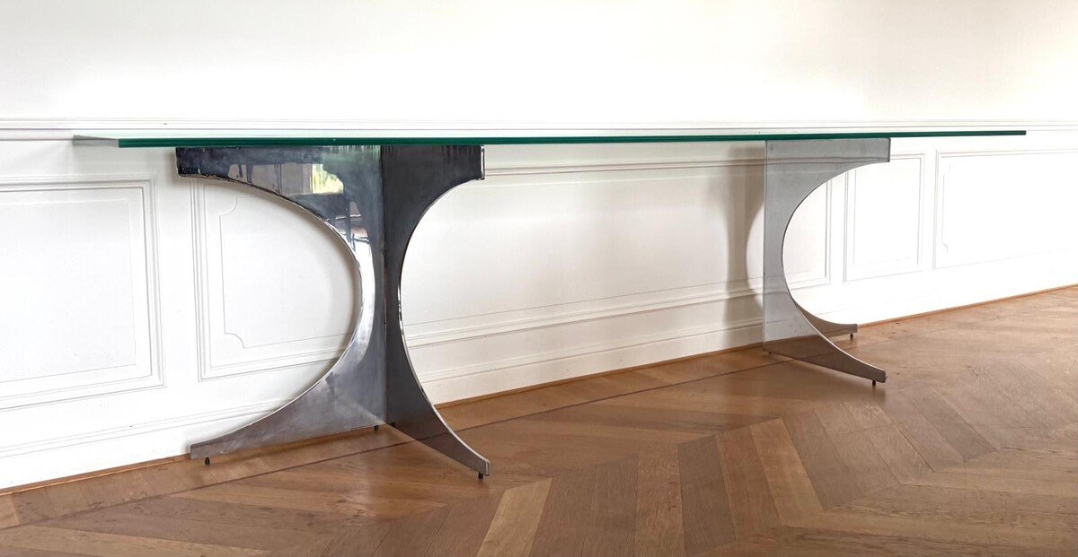 Console mid century en chrome et verre, France, 1970s-photo-3