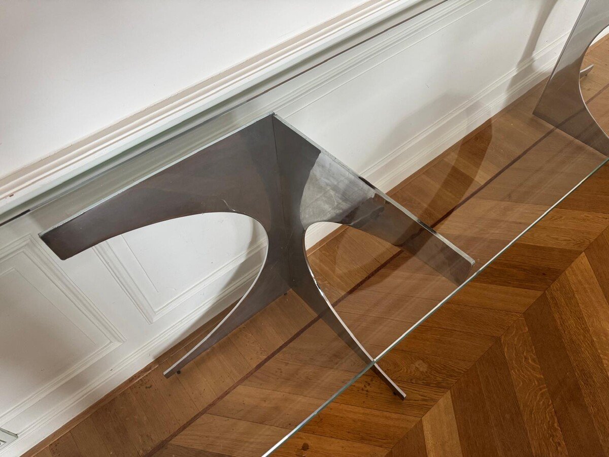 Console mid century en chrome et verre, France, 1970s-photo-4