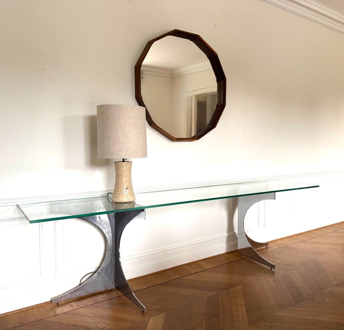 Console mid century en chrome et verre, France, 1970s