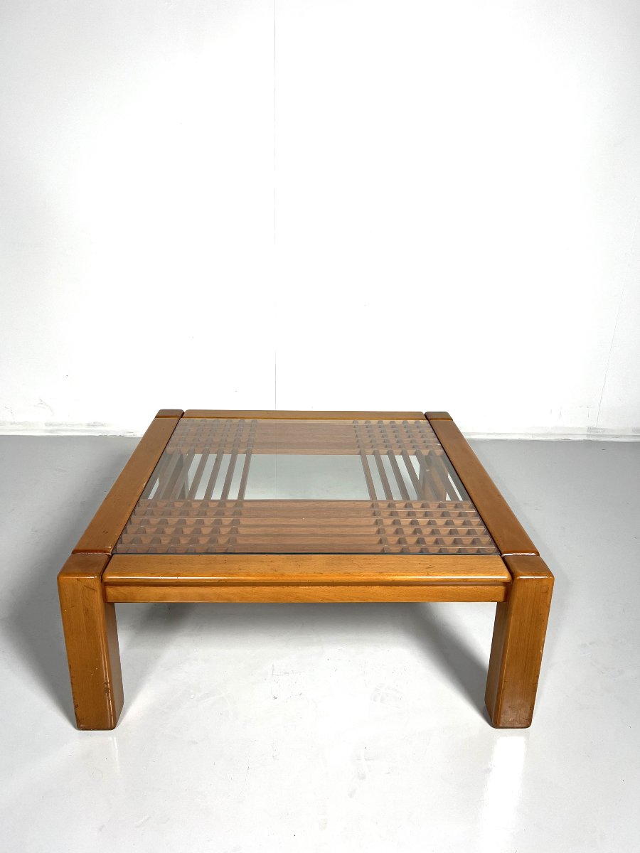 Table basse mid century, bois et verre, Italie