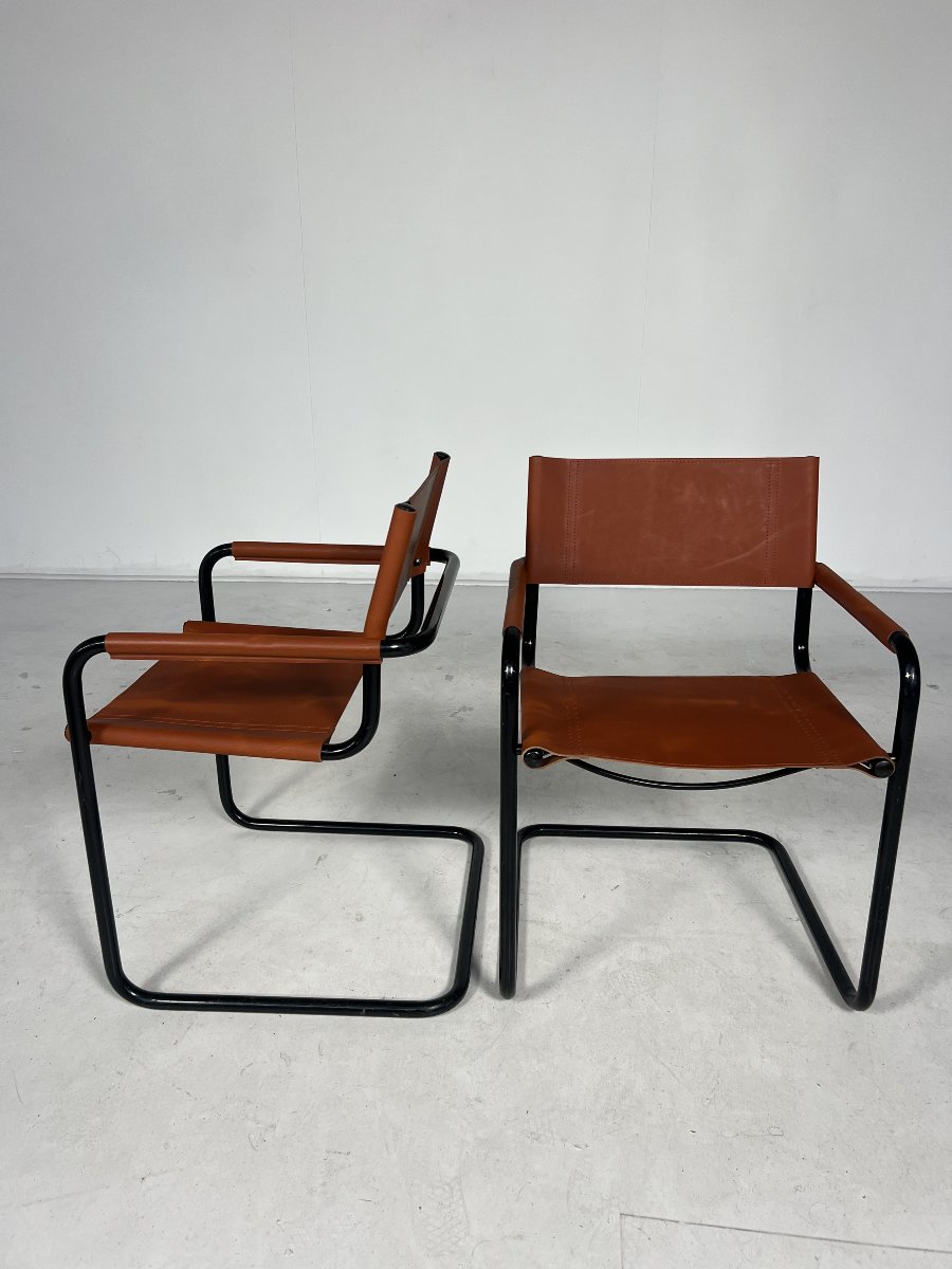 Paire de fauteuils mid century, chrome et cuir, 1960s-photo-2