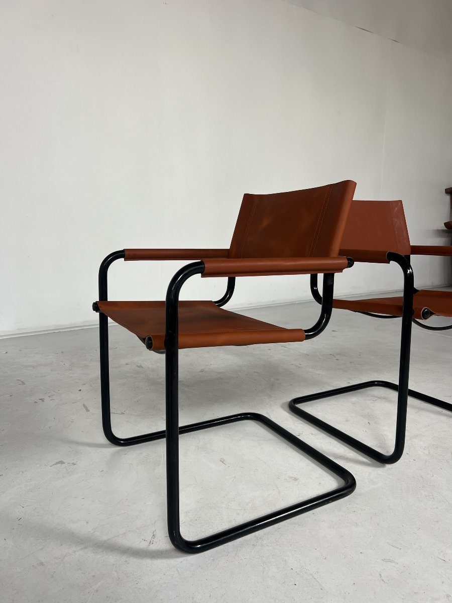 Paire de fauteuils mid century, chrome et cuir, 1960s-photo-4