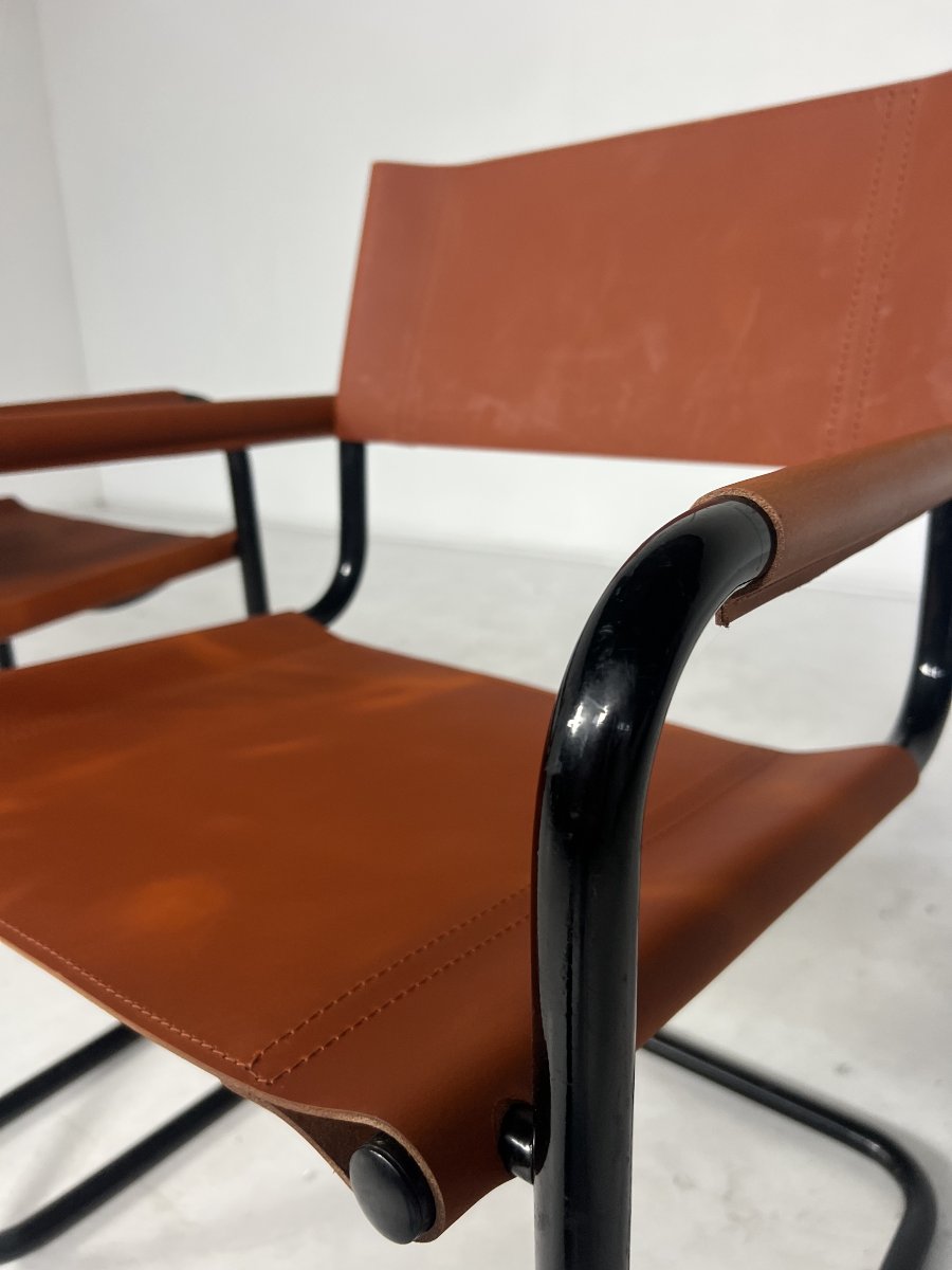 Paire de fauteuils mid century, chrome et cuir, 1960s-photo-1