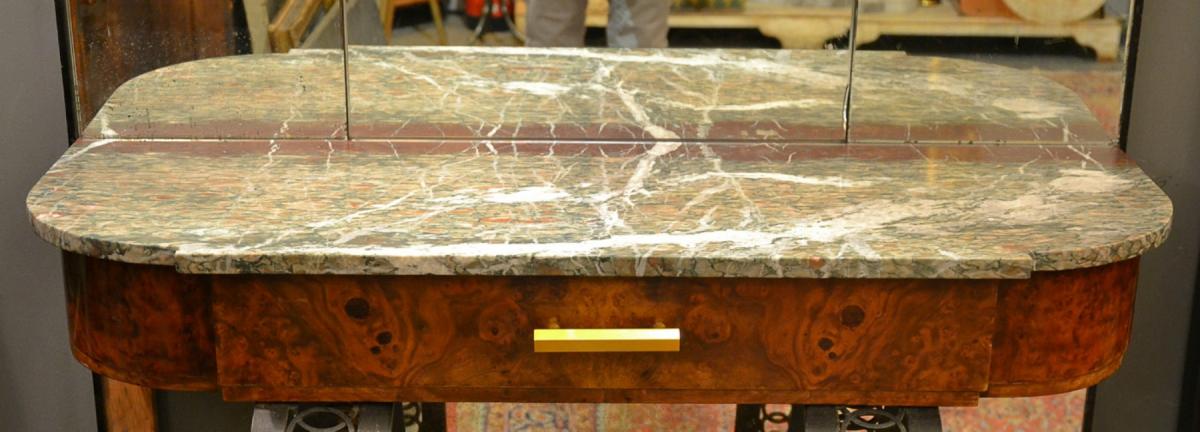 Pair Of 1930s Art Deco Consoles In Burl Wood, Marble And Cast Iron With Mirror-photo-2