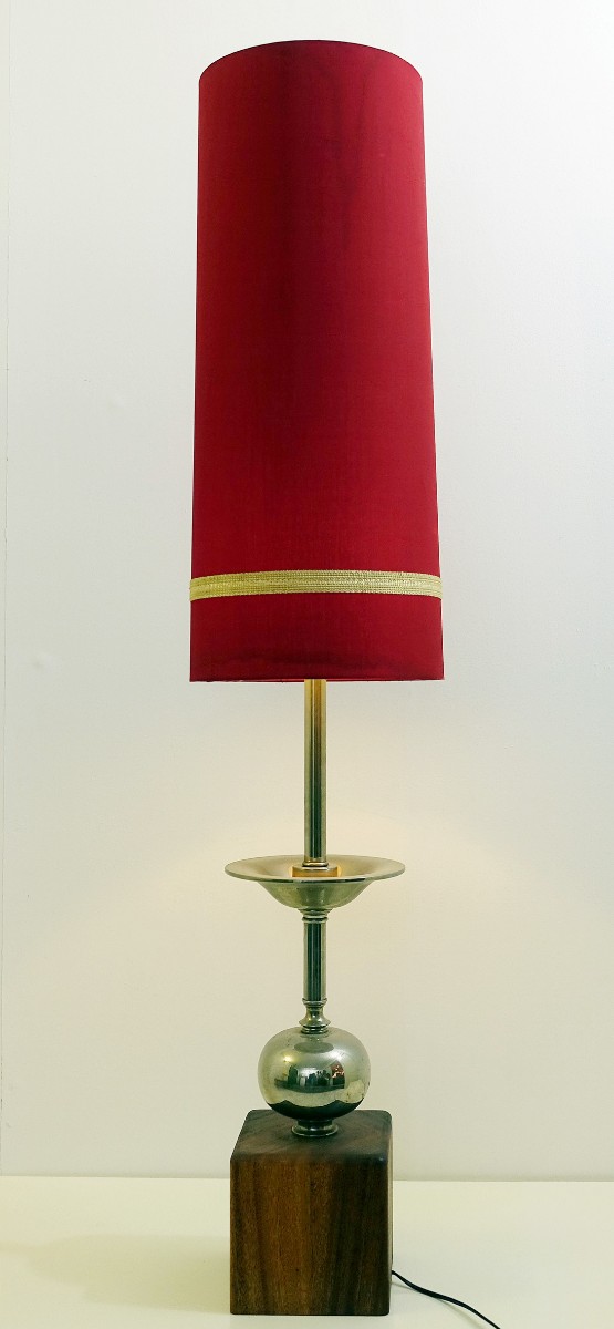 Table Lamp Long Chrome And Wood With Original Shade