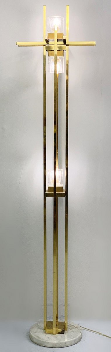 Italian Floor Lamp In Brass, Chrome And Glass