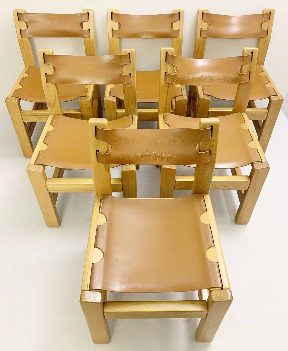 Suite Of 6 Chairs In Elm And Leather Way Pierre Chapo - 1960s-photo-2