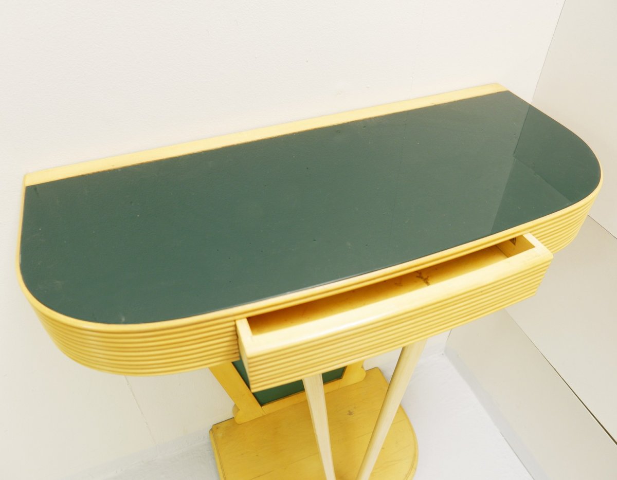 Italian Maple Console - Green Glass Top - 1950s-photo-4