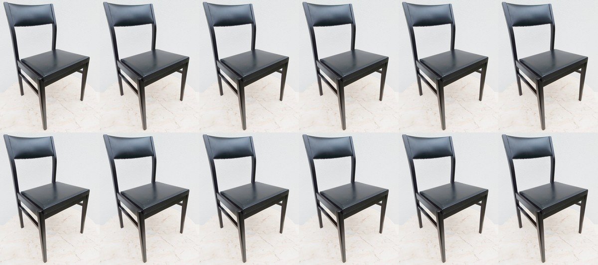 Suite Of 12 Chairs In Black And Black Lacquered Faux Leather - 1970s