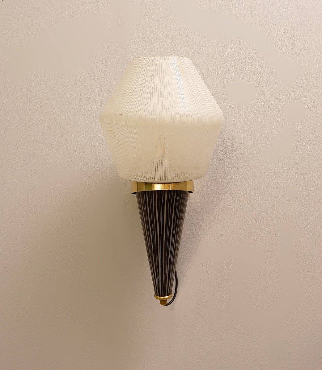 Pair Of Italian Torch Wall Lights In Brass And Glass-photo-2