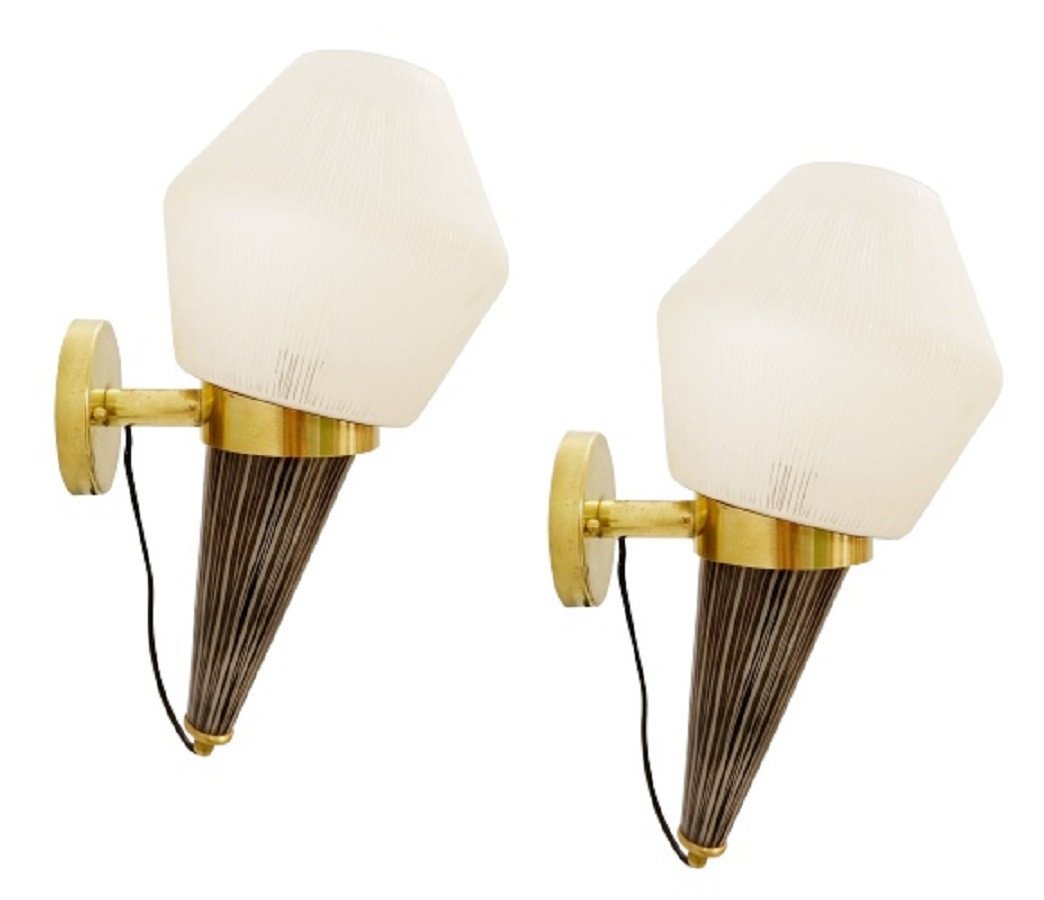Pair Of Italian Torch Wall Lights In Brass And Glass