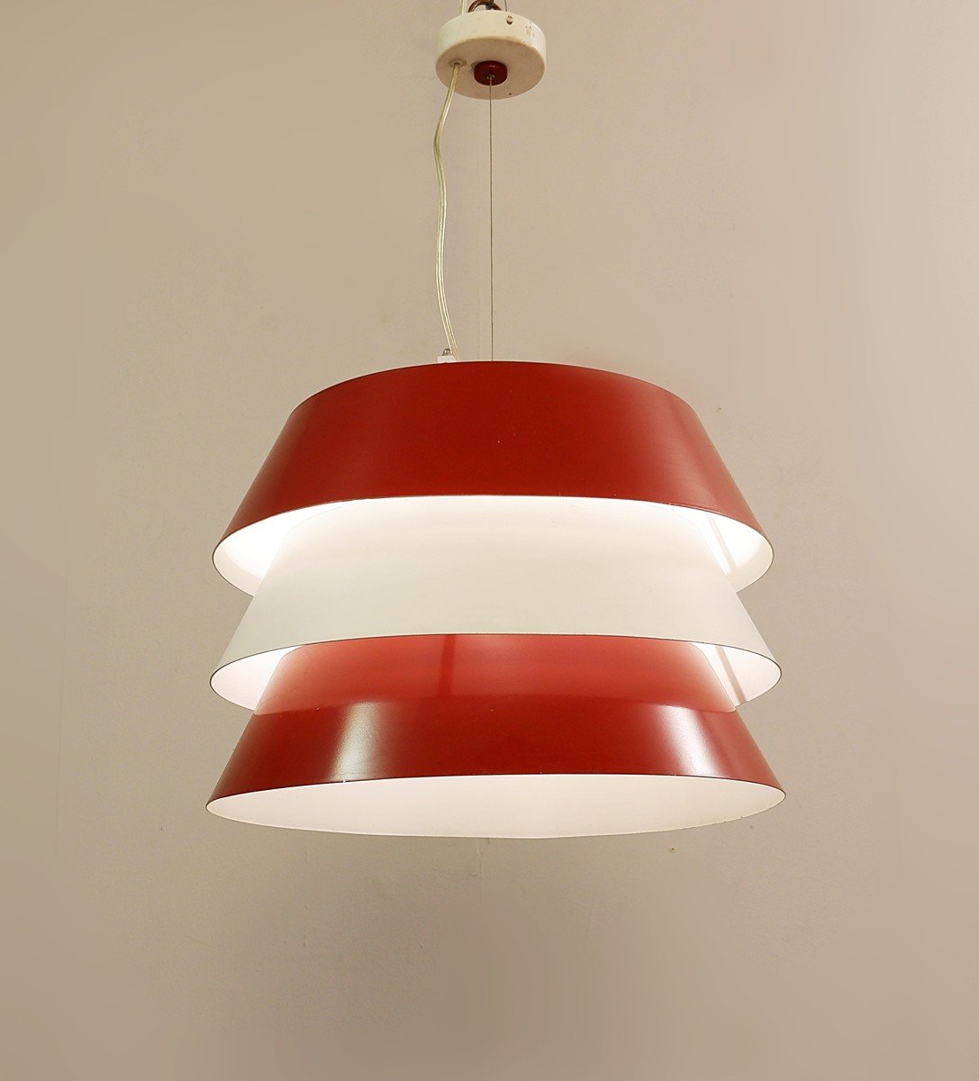 Italian Pendant Light In Red And White Metal - 1960s