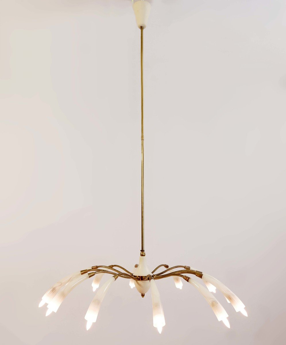 Italian Chandelier With 12 Bulbs In Brass And "spider" Glass Circa 1950-photo-3