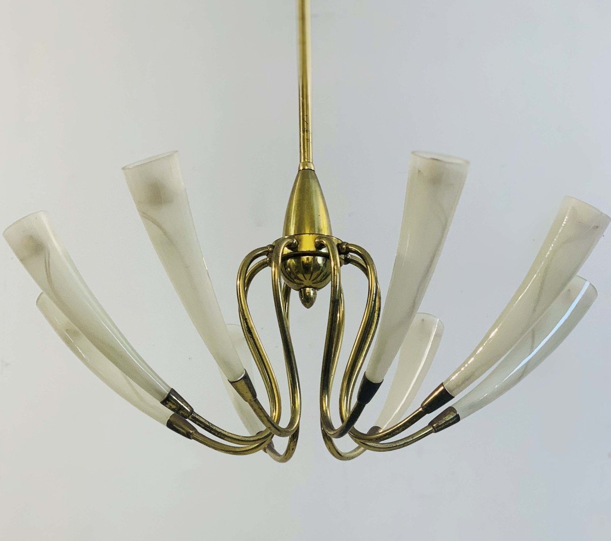 Italian Chandelier With Eight Bulbs In Brass And Glass Circa 1950-photo-2
