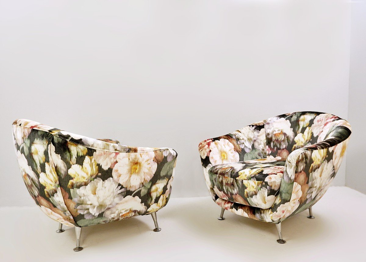 Pair Of Italian Armchairs With New Floral Velvet Padding