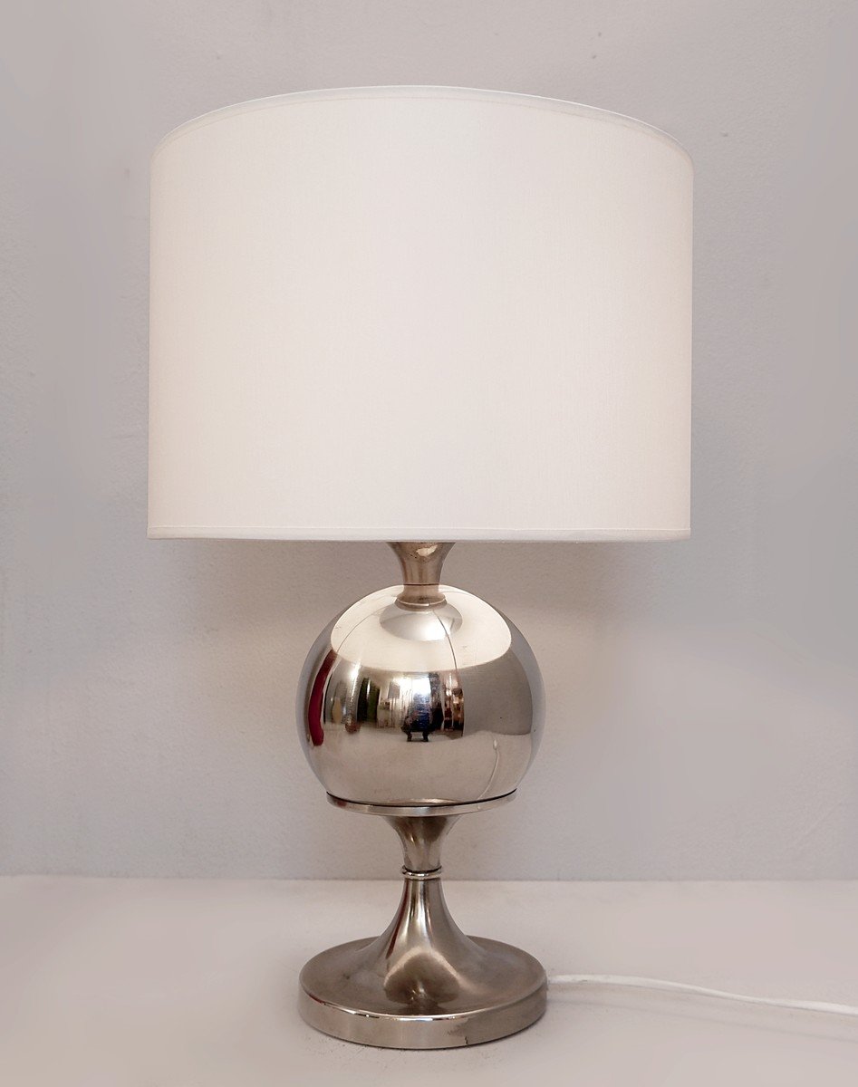 Petite Lampe De Bureau Sphérique En Chrome, 1970s (h: 48cm)