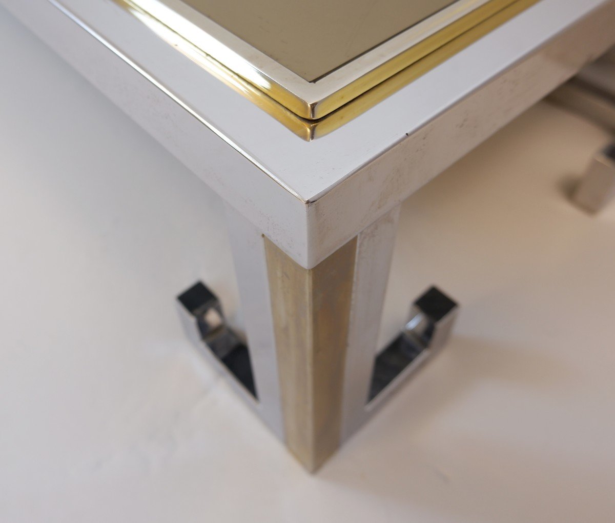 Table Basse En Chrome Et Laiton Avec Plateau Miroir Fumé-photo-3