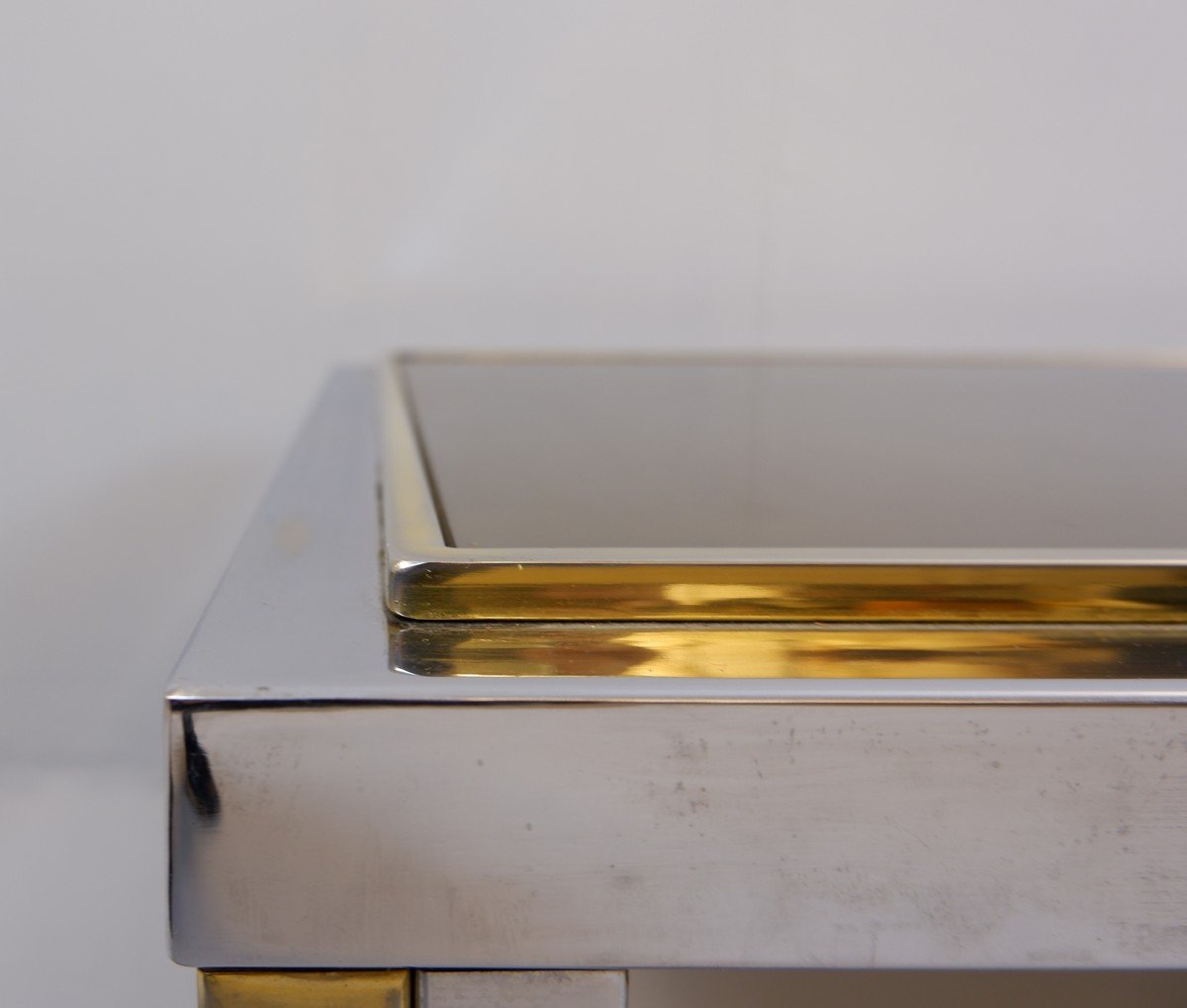 Table Basse En Chrome Et Laiton Avec Plateau Miroir Fumé-photo-4