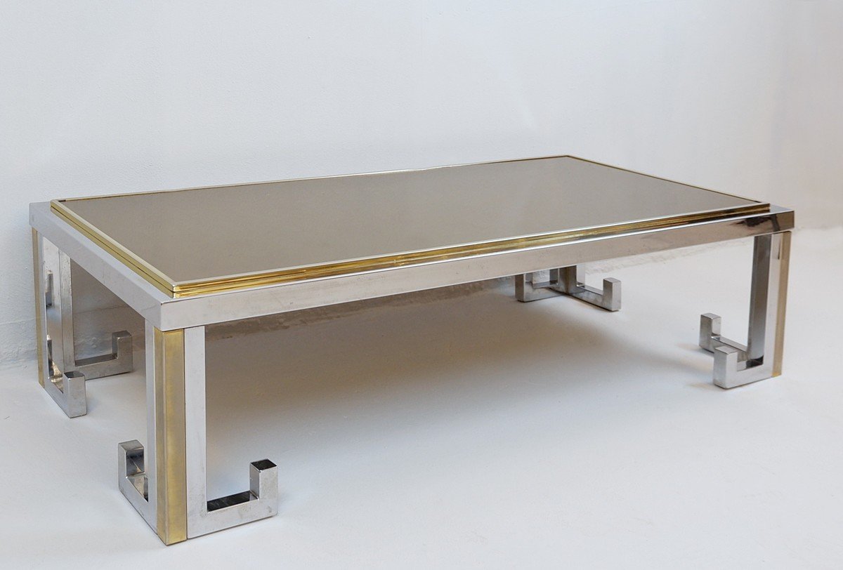 Table Basse En Chrome Et Laiton Avec Plateau Miroir Fumé