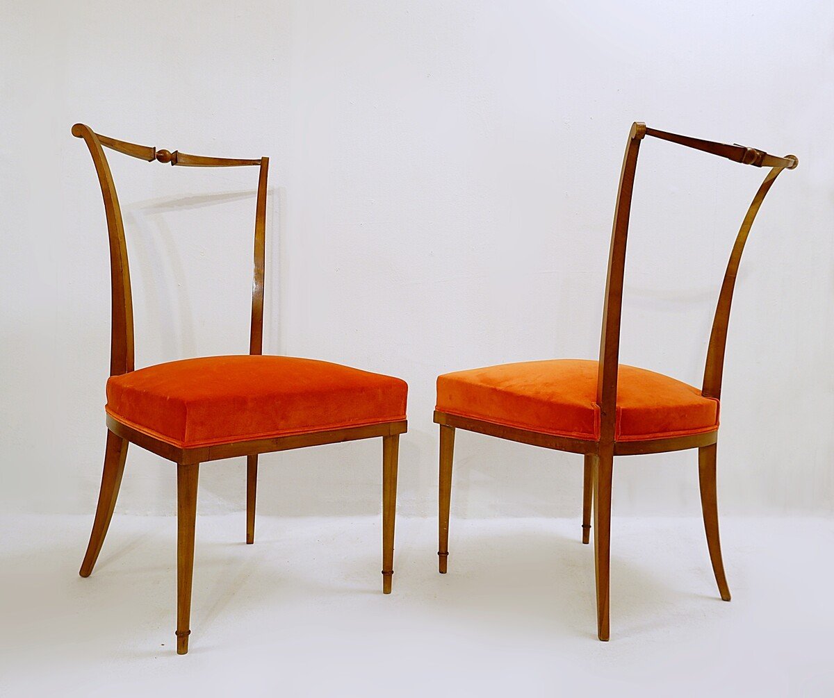 André Arbus Dining Chairs, New Orange Velvet Upholstery - France 1940s