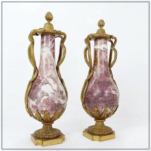 Paire De Cassolettes De Style Louis XVI En Marbre Et Bronze Avec Motif De Serpents