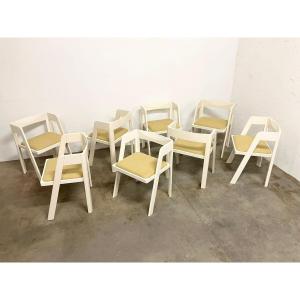Set Of Eight Dining Room Chairs In White Lacquered Wood Program C By Tito Agnoli
