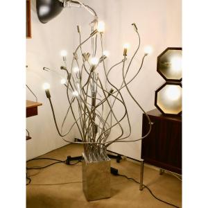 Lampe Sculpture "algues" 30 Ampoules, Métal Chromé Italie Circa 1970.