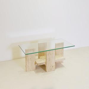 Glass And Travertine Coffee Table By Willy Ballez - 1970s