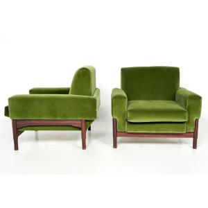 Pair Of Mid-century Modern Armchairs, Wood And Green Velvet - 1960s
