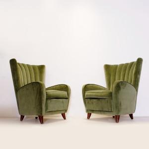 Paire de fauteuils hauts en velours vert - 1960s