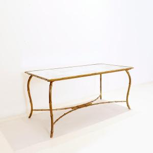 Golden Faux Bamboo Coffee Table With Eglomized Glass Top