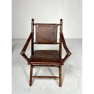 Safari Folding Armchair In Leather And Wood