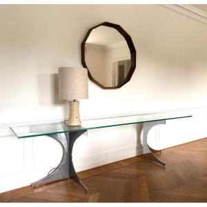 Console mid century en chrome et verre, France, 1970s