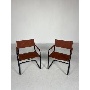 Paire de fauteuils mid century, chrome et cuir, 1960s