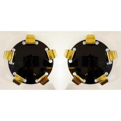 Pair Of Large Wall Sconces In Brass And Black Glass