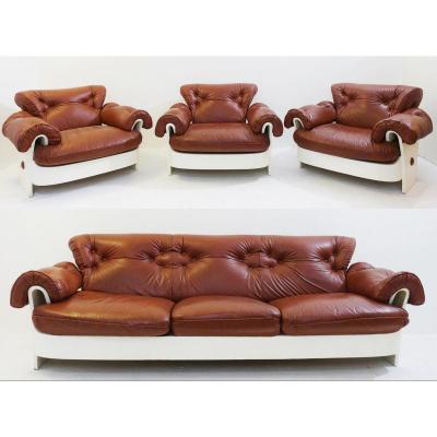 Set Of Italian Sofas And Armchairs In Leather And White Lacquered Wood