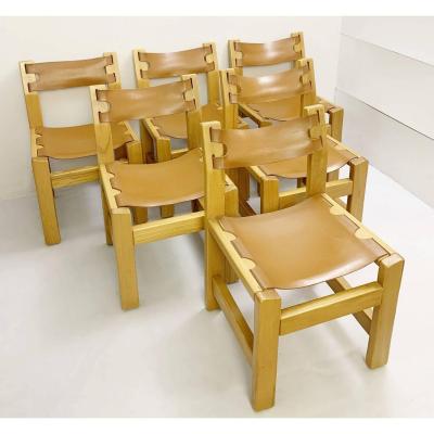 Suite Of 6 Chairs In Elm And Leather Way Pierre Chapo - 1960s