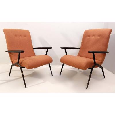 Pair Of Italian Armchairs With Black Metal Structure - New Rust Color Padding